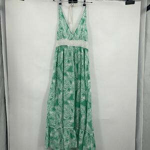 True Destinations Womens Green Leaf Tiered Bohemian Maxi Coverup Dress Small